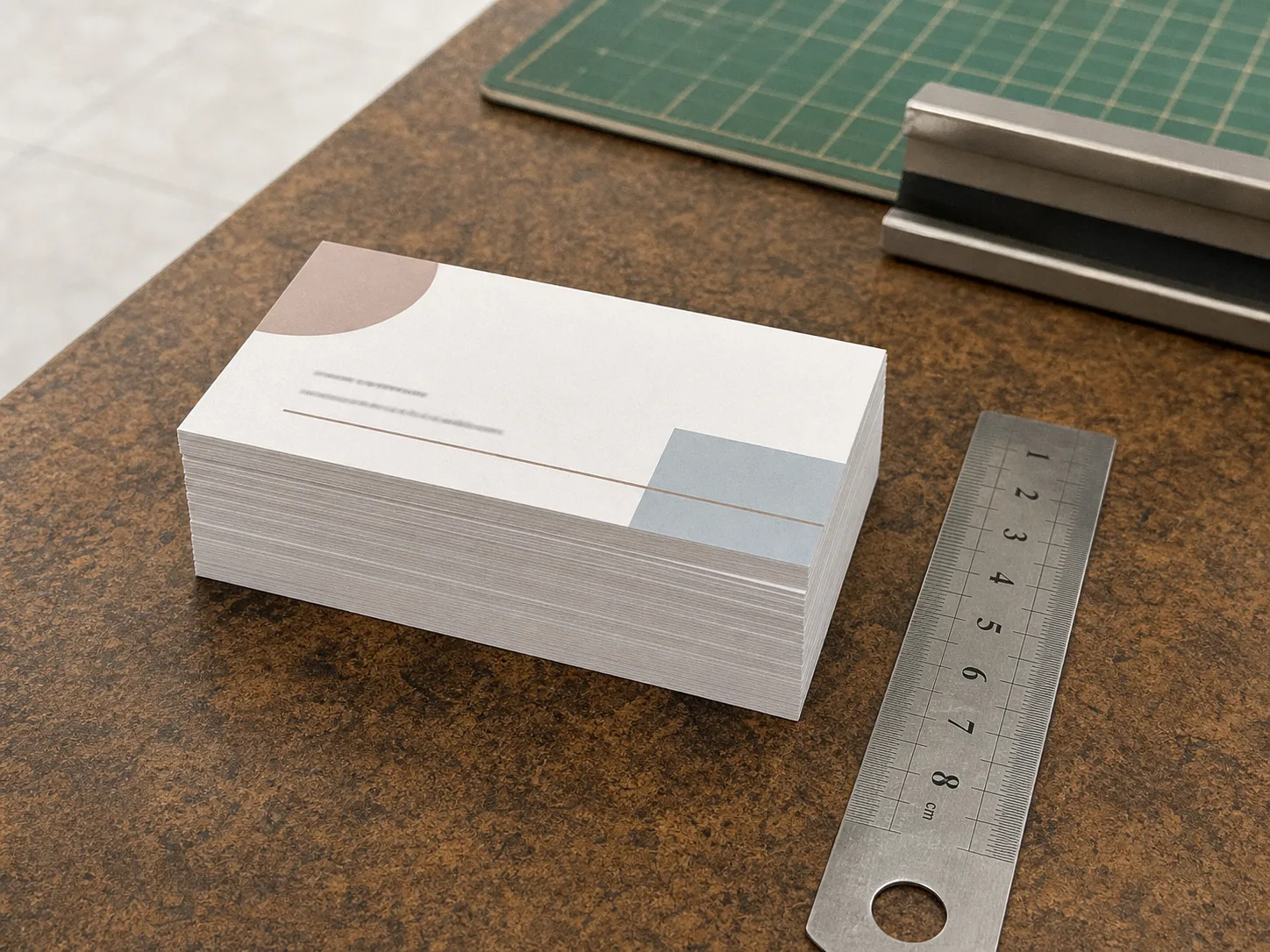 A freshly guillotined stack of business cards on uncoated stock, edges square, on the counter