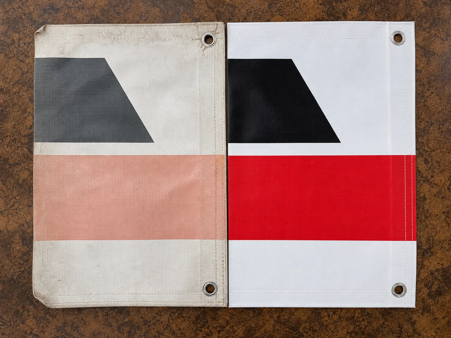 Two vinyl banners spread side by side on the shop counter — one faded to orange-pink, the other still saturated