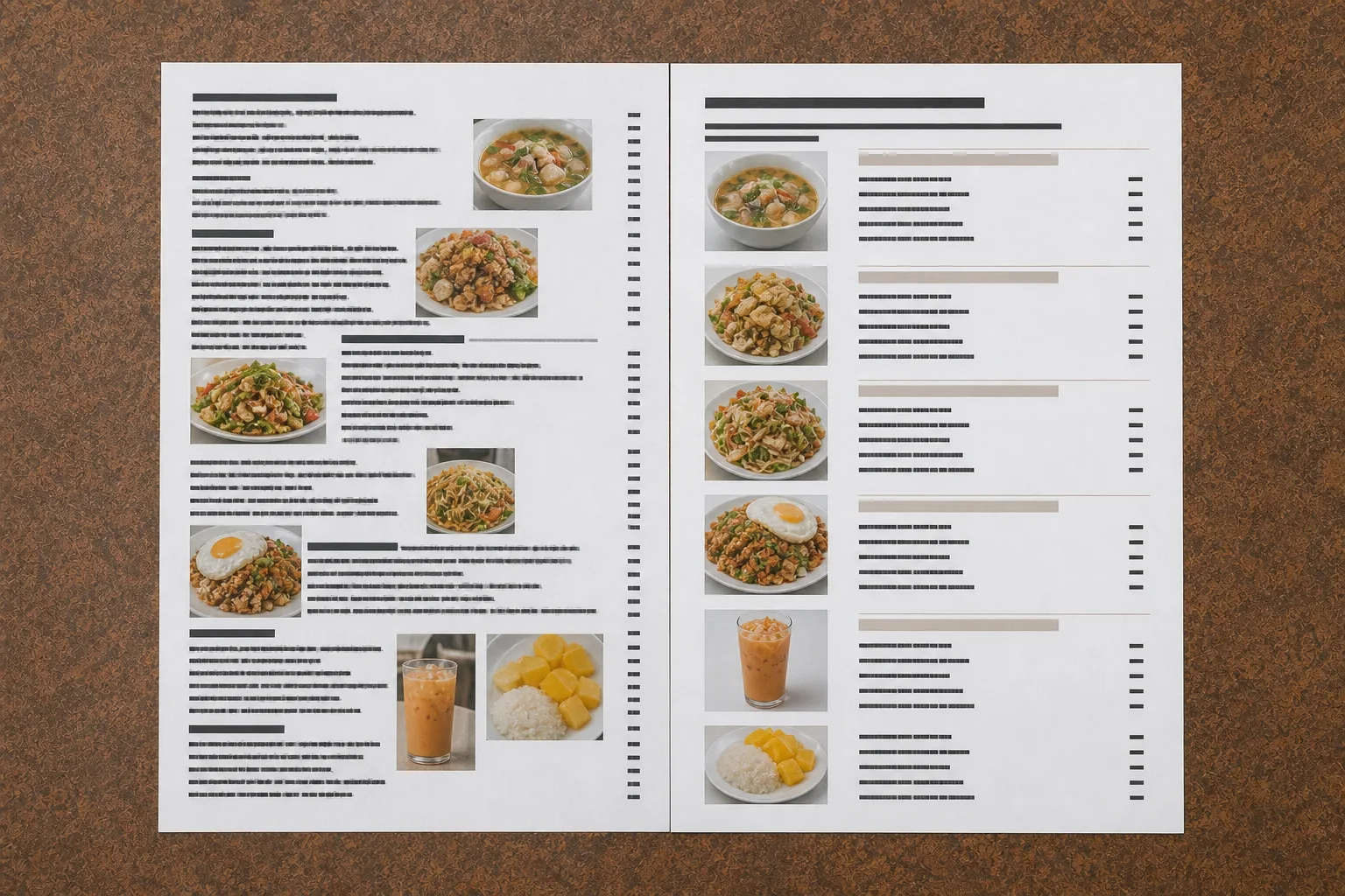 The old cluttered menu and the rebuilt one lying side by side on the counter, listing the same dishes