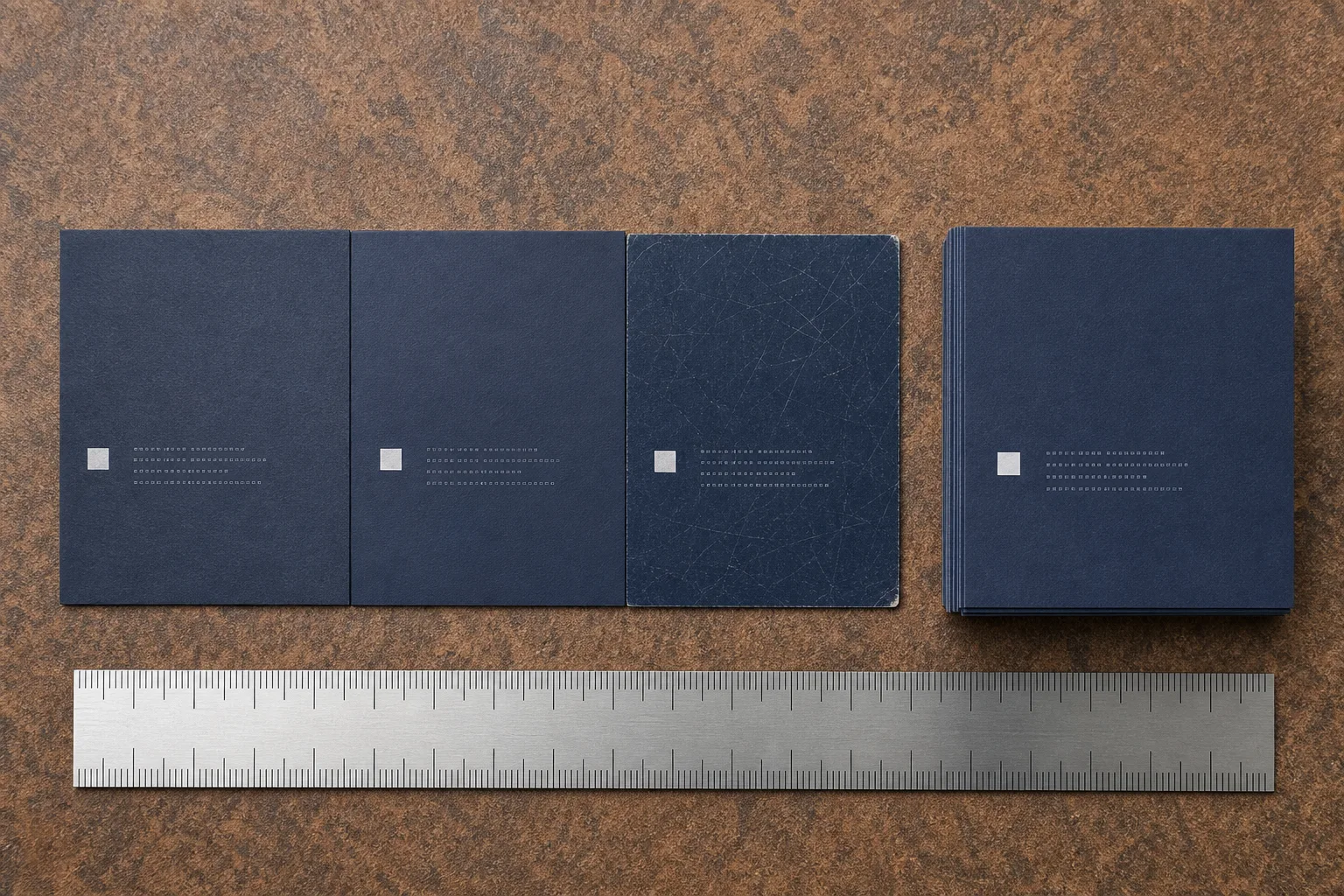 The same dark card printed three ways — uncoated, matte laminated and soft-touch — laid beside a steel ruler, with the soft-touch one webbed in fine scratches