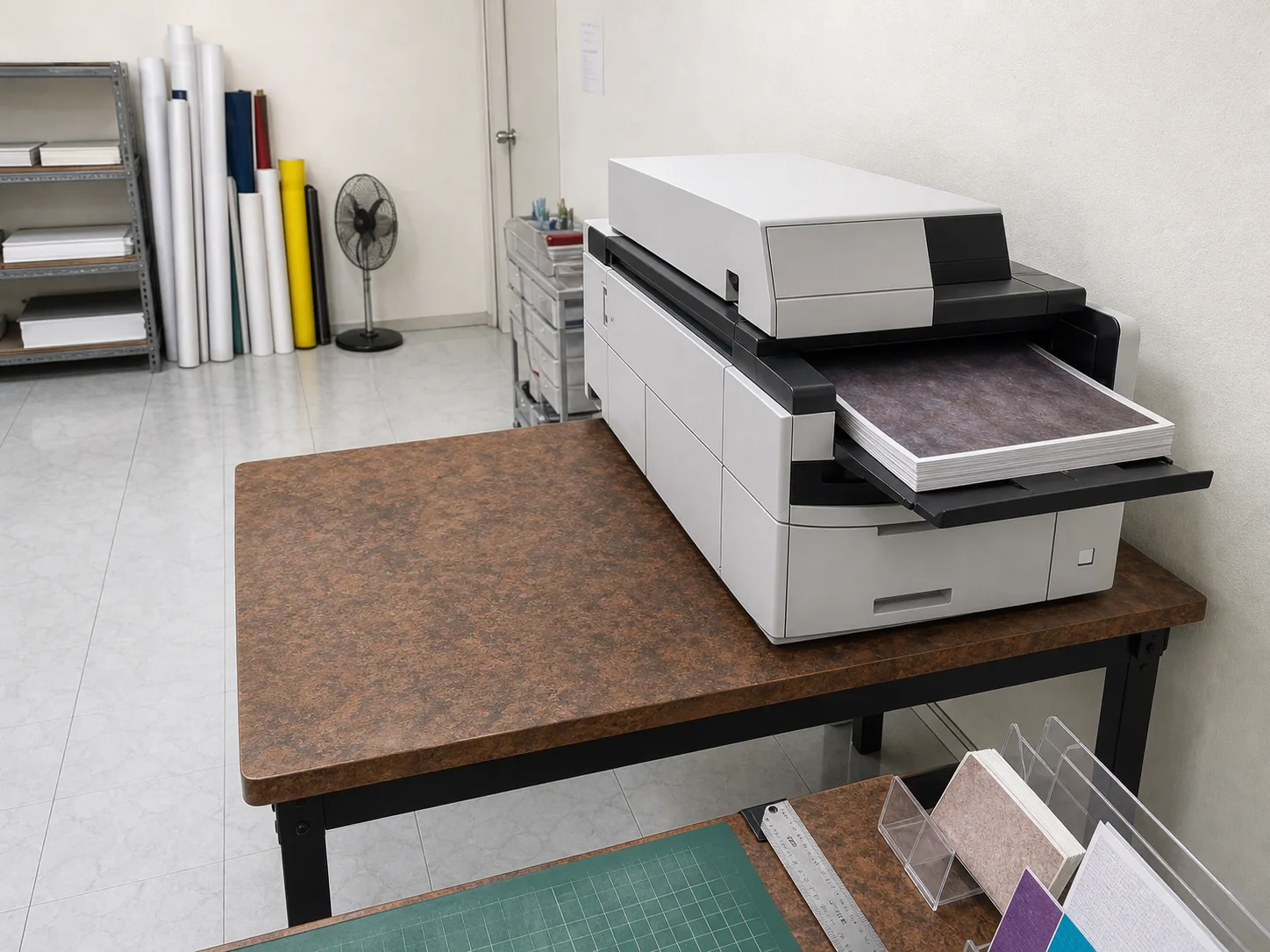 The A3+ colour digital press with a stack of freshly printed sheets in the output tray