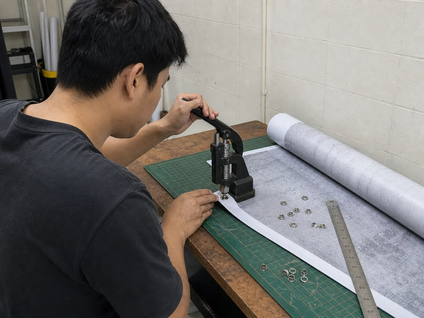 Ton setting a metal eyelet into the hemmed edge of a vinyl banner at the finishing bench