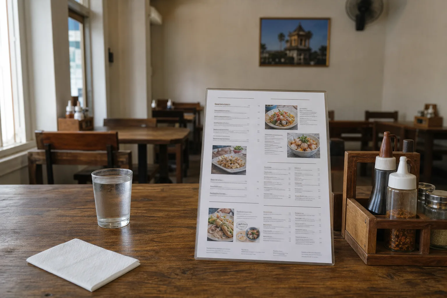 The rebuilt menu, laminated, propped on a restaurant table in daylight