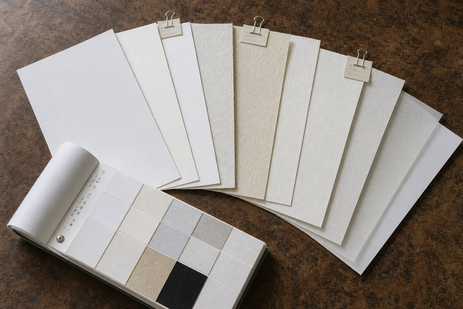 Paper stocks fanned across the counter so the different weights, edges and surfaces are visible