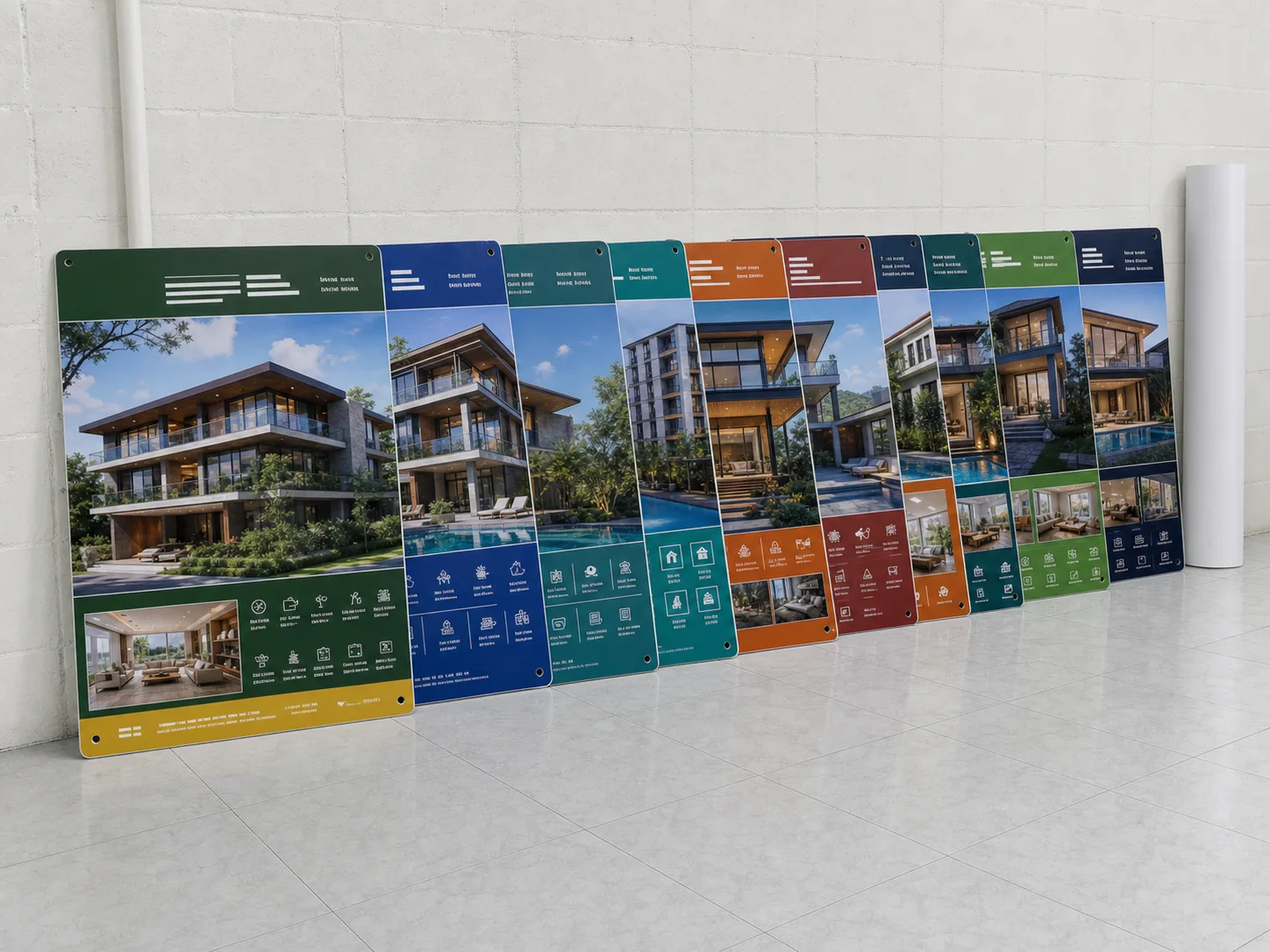 A row of finished, drilled property boards leaning against the shop wall, each carrying a photograph of a house and a coloured contact strip, ready for collection