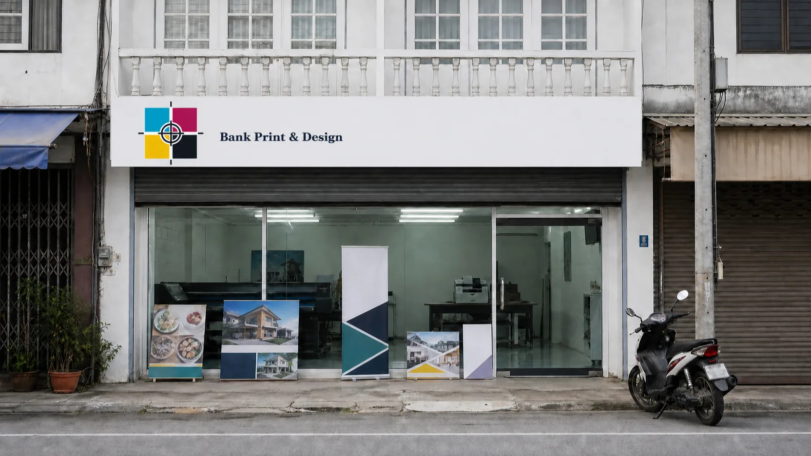 The shopfront of Bank Print & Design, a two-storey town house with a white sign carrying the four-plate registration mark and the shop name, printed samples propped against the window